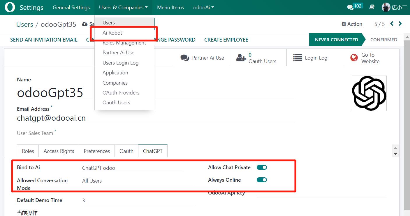 4.Bind your Ai Robot (GPT) to a User. We already setup a sample.