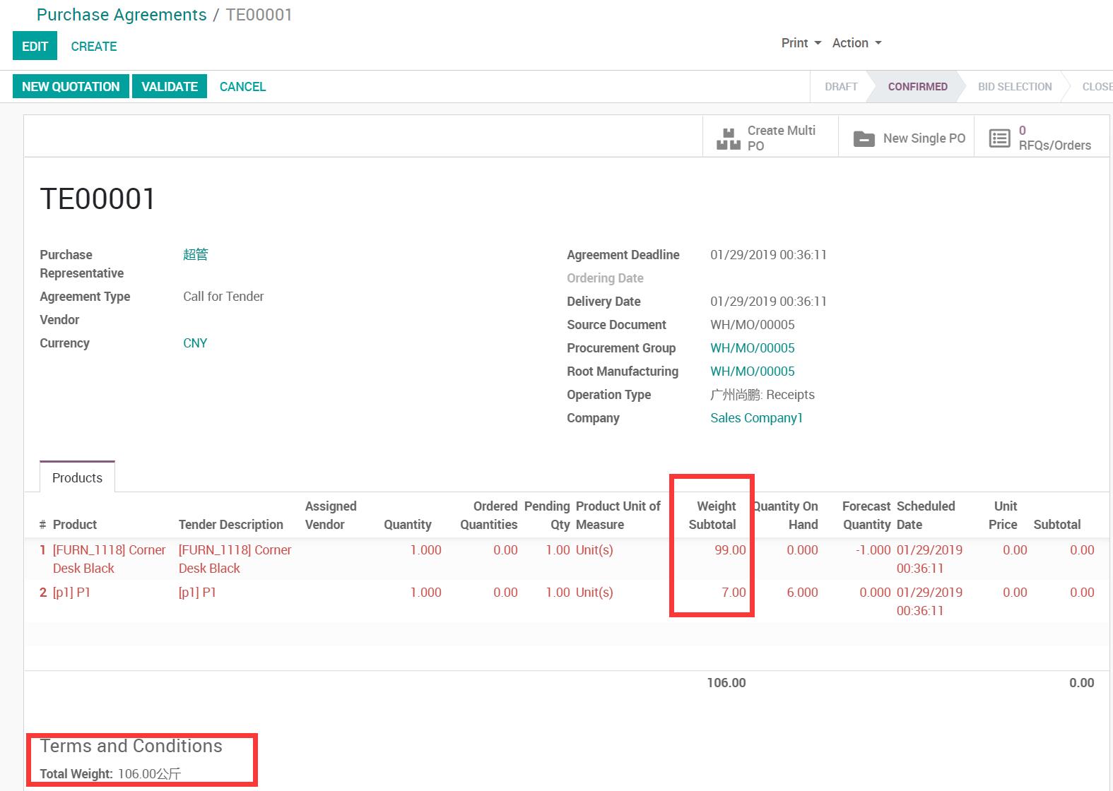 Purchase Order Weight