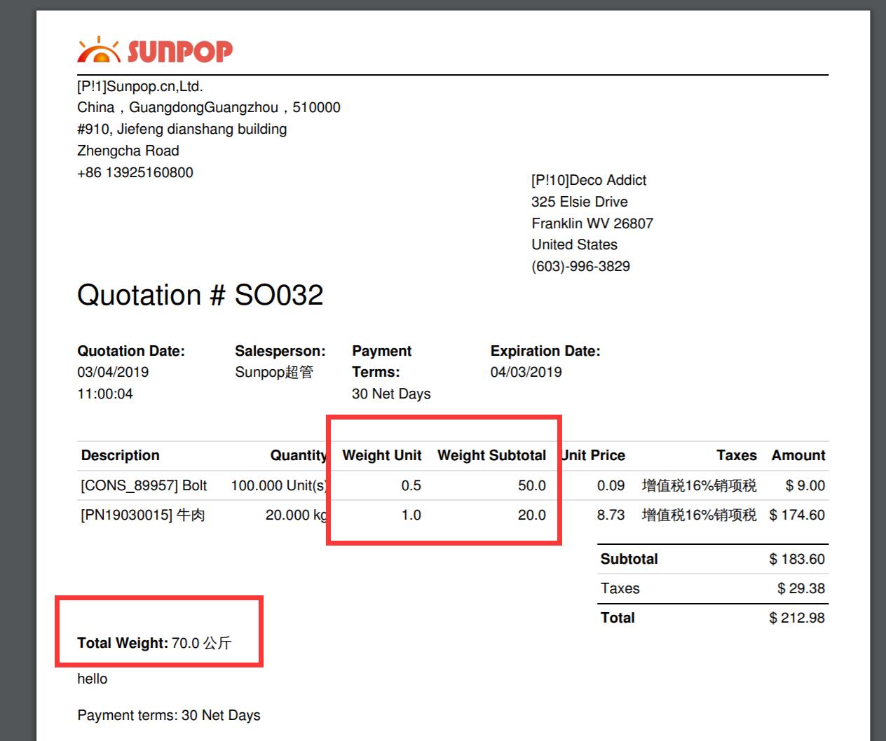 Purchase Order Weight