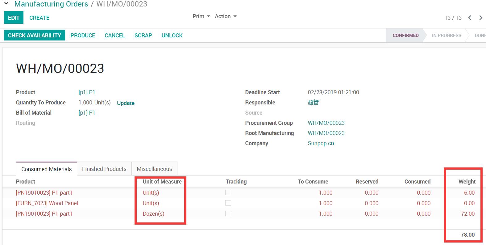 Weight in Stock Inventory Operation Picking and Move