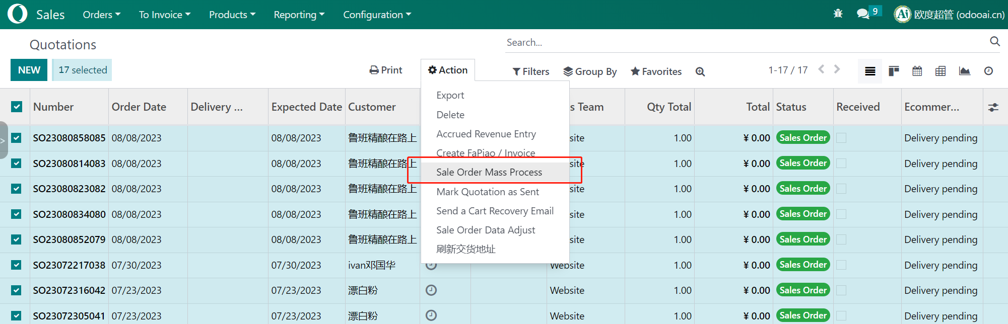 Sale Order Mass Process, Confirm, Delivery, Picking, Invoice, Payment, Cancel 