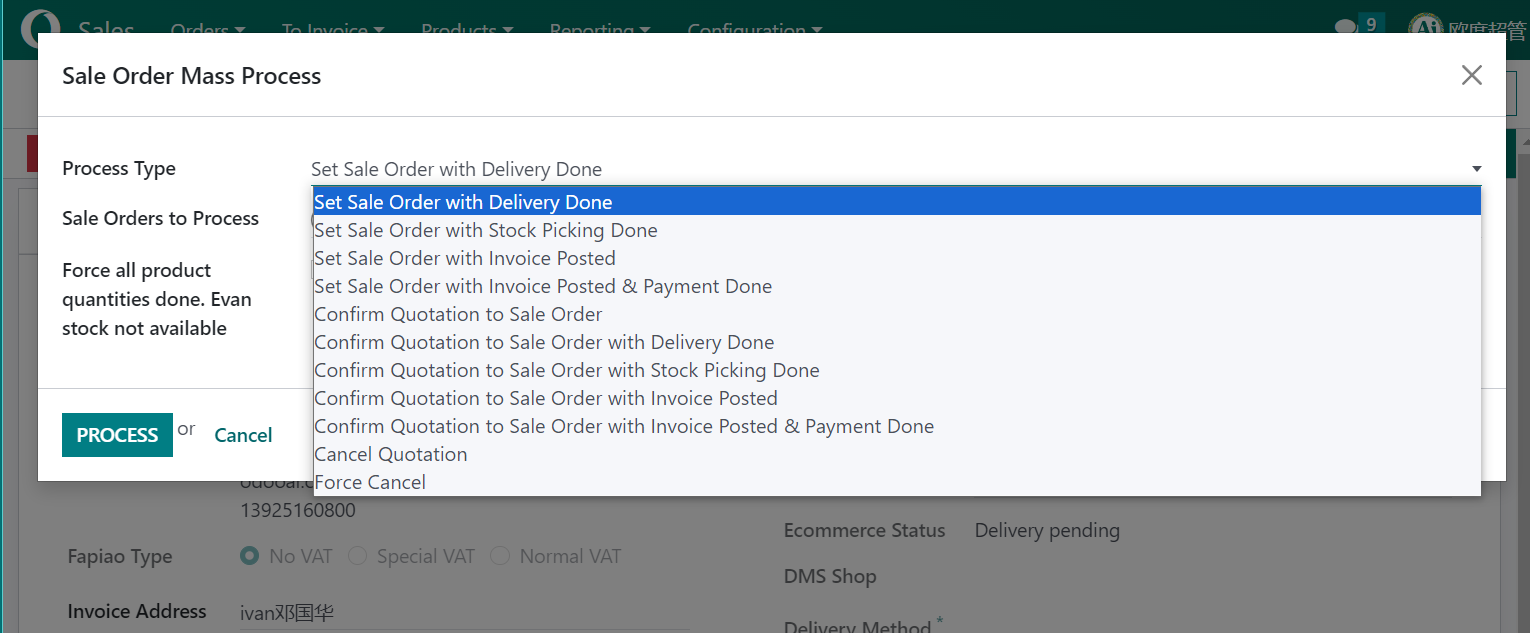 Sale Order Mass Process, Confirm, Delivery, Picking, Invoice, Payment, Cancel 