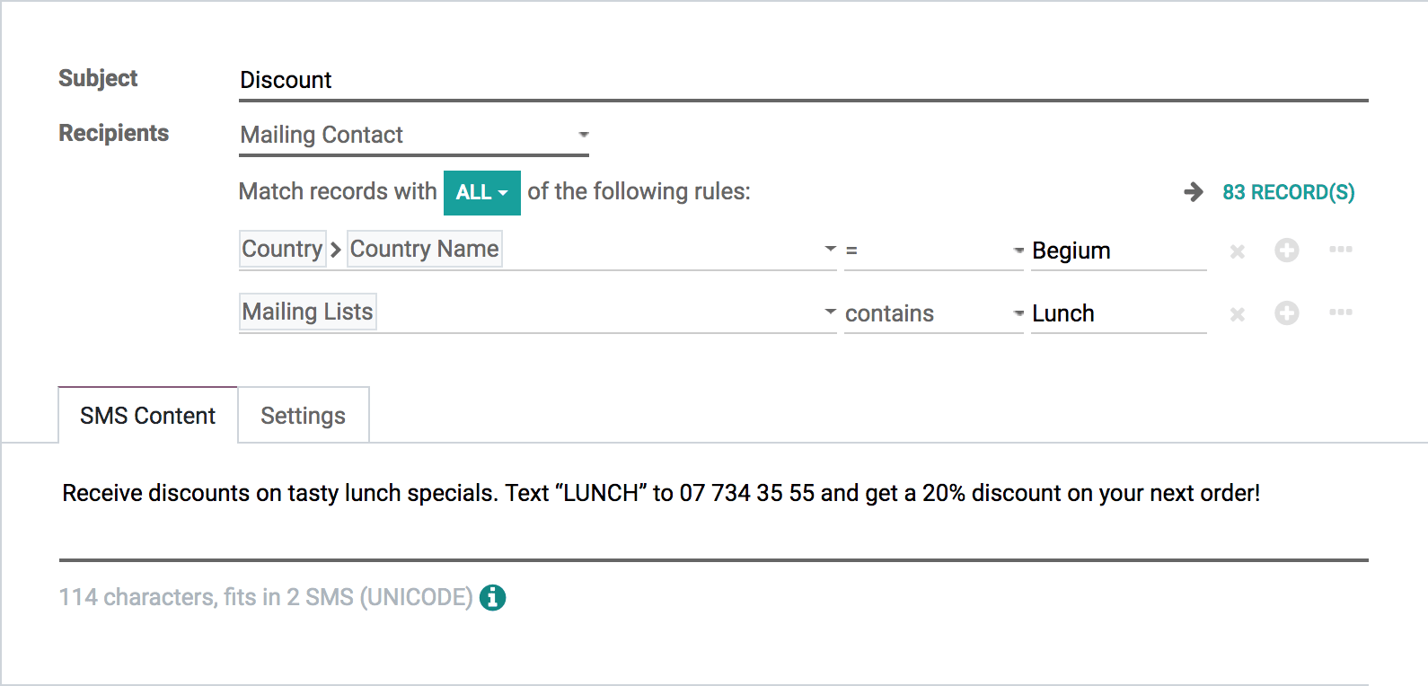 通过短信发送促销信息的界面