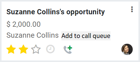 一张Odoo客户关系管理机会卡，可选择将联系人添加到呼叫队列